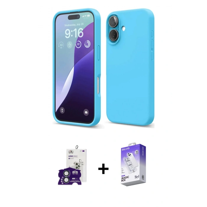 MARSİLYAN™- iPhone 16 Kılıf Ahenk Serisi - Siyah Bilvis 5in1 3D Magic Cam Ekran Koruyucu + Yeşil Bilvis Titan Kamera Lens