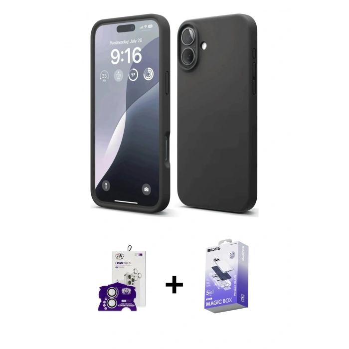 MARSİLYAN™- iPhone 16 Kılıf Ahenk Serisi - Siyah Bilvis 5in1 5D Magic Hayalet Cam Ekran Koruyucu + Gümüş Bilvis Titan Kamera Lens