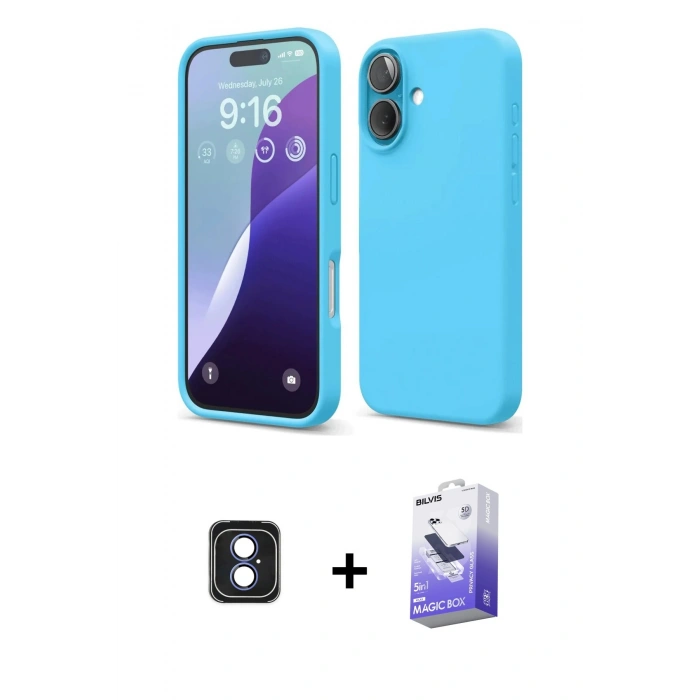 MARSİLYAN™- iPhone 16 Kılıf Ahenk Serisi - Siyah Bilvis 5in1 5D Magic Hayalet Cam Ekran Koruyucu + PVD Metal Kamera Lens - MI