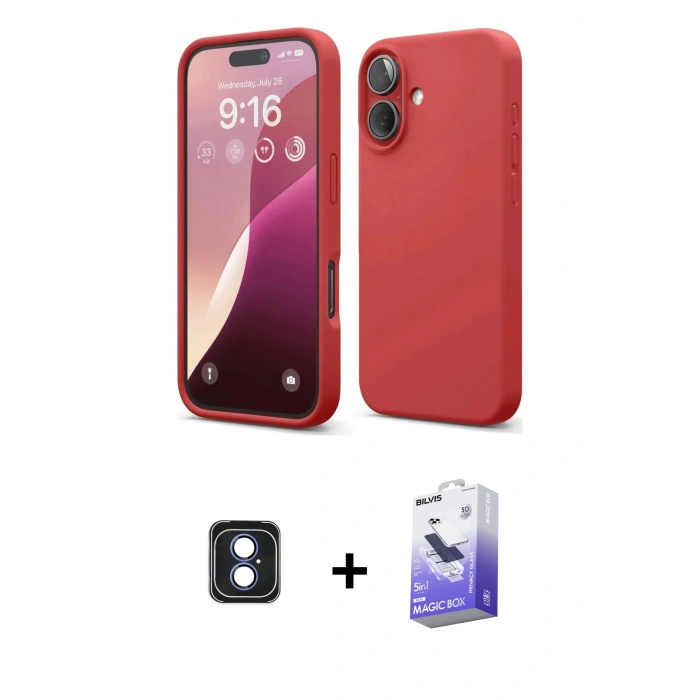 MARSİLYAN™- iPhone 16 Kılıf Ahenk Serisi - Siyah Bilvis 5in1 5D Magic Hayalet Cam Ekran Koruyucu + PVD Metal Kamera Lens - MI