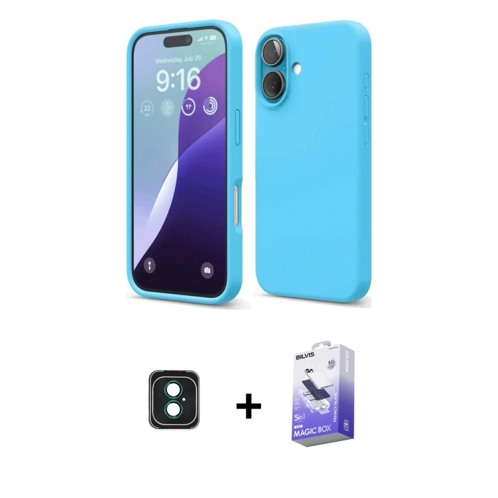 MARSİLYAN™- iPhone 16 Kılıf Ahenk Serisi - Siyah Bilvis 5in1 5D Magic Hayalet Cam Ekran Koruyucu + PVD Metal Kamera Lens - YL