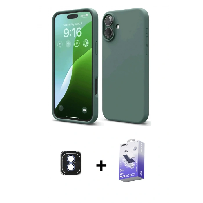 MARSİLYAN™- iPhone 16 Kılıf Ahenk Serisi - Siyah Bilvis 5in1 5D Magic Hayalet Cam Ekran Koruyucu + PVD Metal Kamera Lens - MI