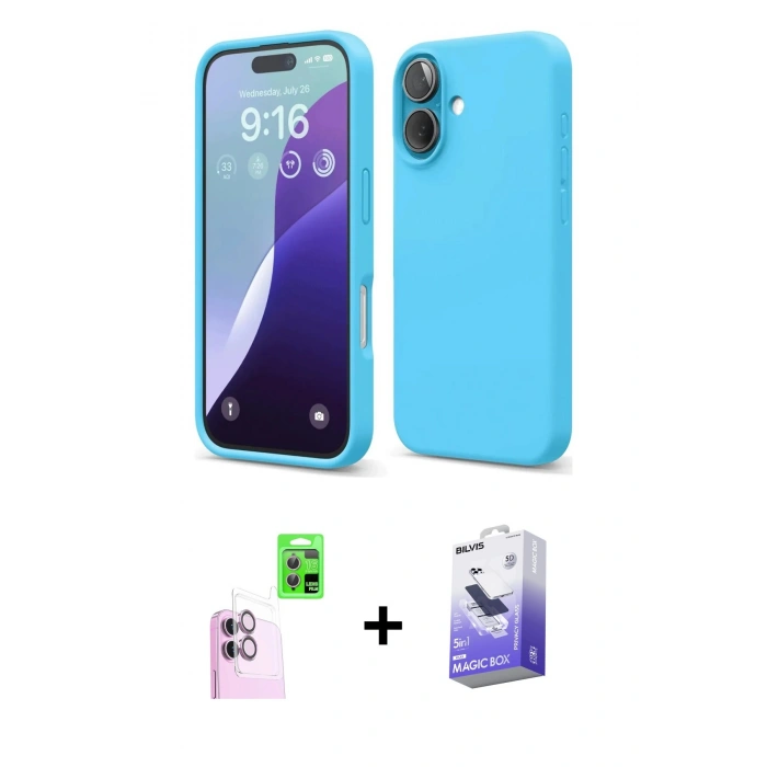 MARSİLYAN™- iPhone 16 Kılıf Ahenk Serisi - Siyah Bilvis 5in1 5D Magic Hayalet Cam Ekran Koruyucu + Raze Metal Kamera Lens - PE