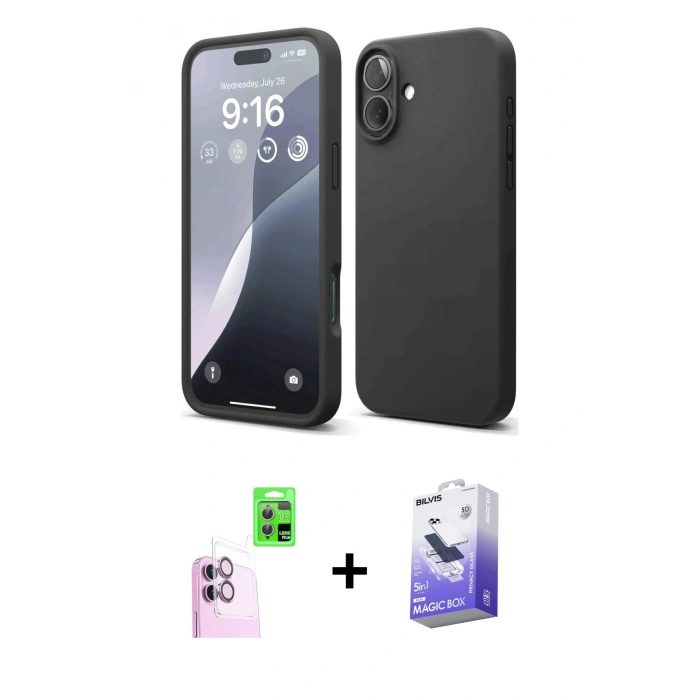 MARSİLYAN™- iPhone 16 Kılıf Ahenk Serisi - Siyah Bilvis 5in1 5D Magic Hayalet Cam Ekran Koruyucu + Raze Metal Kamera Lens - PE