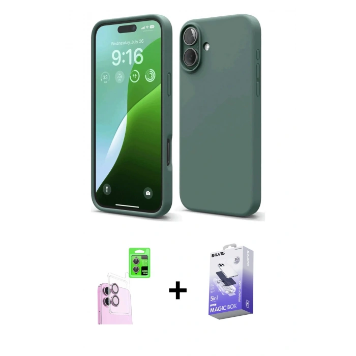 MARSİLYAN™- iPhone 16 Kılıf Ahenk Serisi - Siyah Bilvis 5in1 5D Magic Hayalet Cam Ekran Koruyucu + Raze Metal Kamera Lens - PE