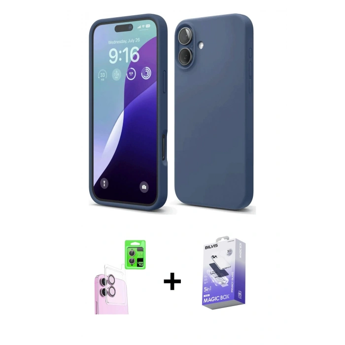 MARSİLYAN™- iPhone 16 Kılıf Ahenk Serisi - Siyah Bilvis 5in1 5D Magic Hayalet Cam Ekran Koruyucu + Raze Metal Kamera Lens - PE