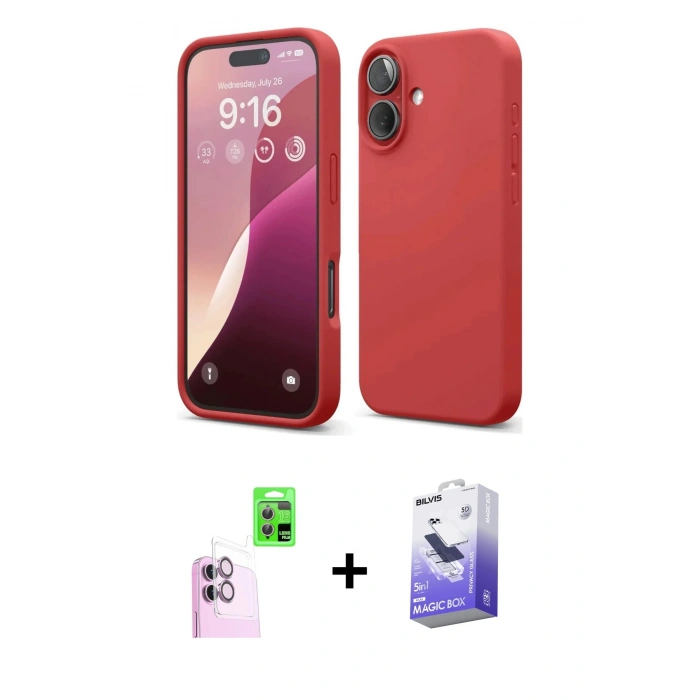 MARSİLYAN™- iPhone 16 Kılıf Ahenk Serisi - Siyah Bilvis 5in1 5D Magic Hayalet Cam Ekran Koruyucu + Raze Metal Kamera Lens - PE