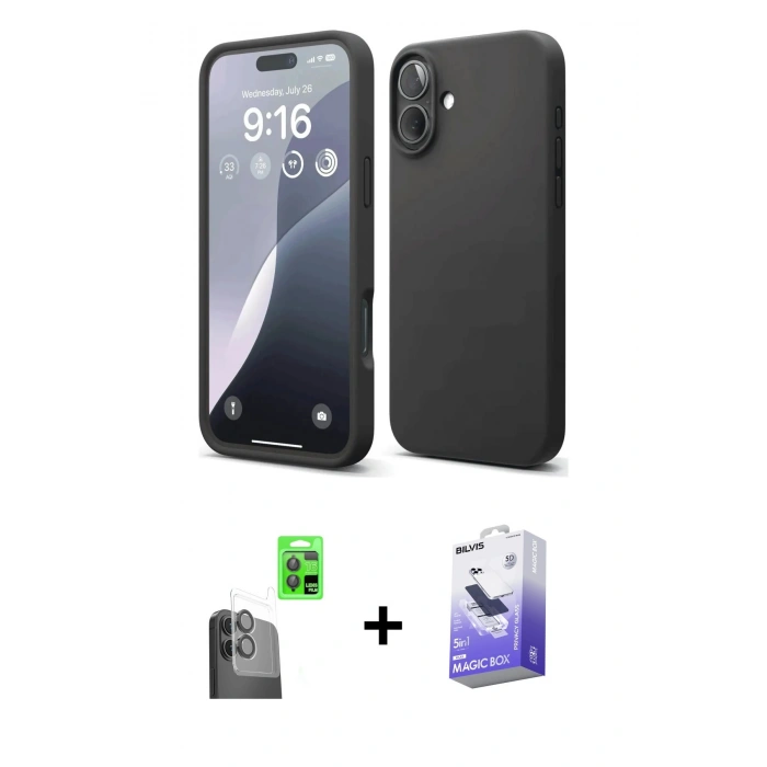 MARSİLYAN™- iPhone 16 Kılıf Ahenk Serisi - Siyah Bilvis 5in1 5D Magic Hayalet Cam Ekran Koruyucu + Raze Metal Kamera Lens - SH