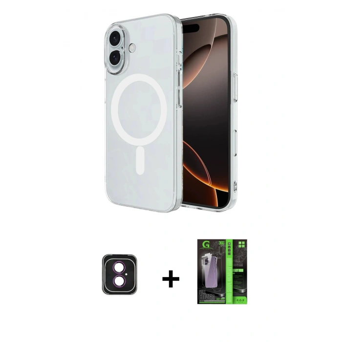 MARSİLYAN™- iPhone 16 Kılıf Ahenk Yansıma Prime - Şeffaf 360 Full Body Arka Koruyucu + PVD Metal Kamera Lens - PE