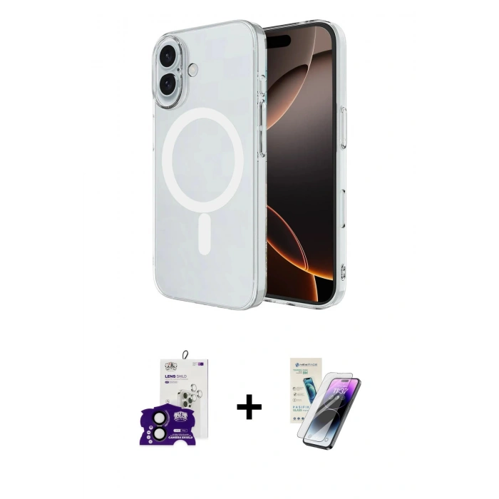 MARSİLYAN™- iPhone 16 Kılıf Ahenk Yansıma Prime - Şeffaf Pasifik Cam Ekran Koruyucu + Bilvis Titan Kamera Lens - SH