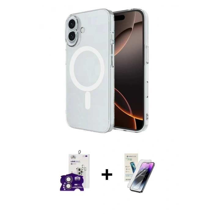 MARSİLYAN™- iPhone 16 Kılıf Ahenk Yansıma Prime - Şeffaf Pasifik Cam Ekran Koruyucu + Bilvis Titan Kamera Lens - PE
