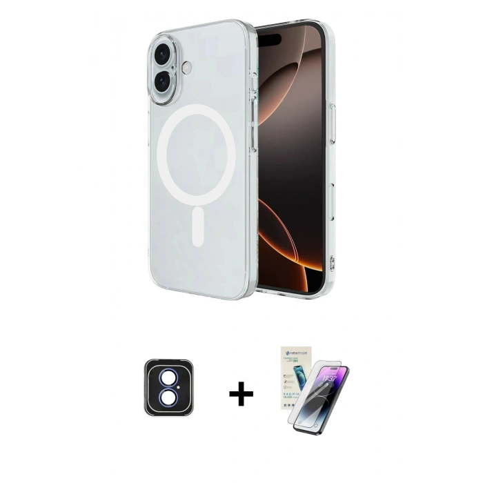 MARSİLYAN™- iPhone 16 Kılıf Ahenk Yansıma Prime - Şeffaf Pasifik Cam Ekran Koruyucu + PVD Metal Kamera Lens - MI
