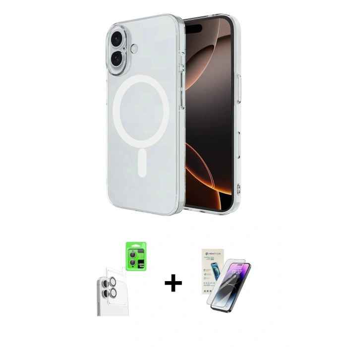 MARSİLYAN™- iPhone 16 Kılıf Ahenk Yansıma Prime - Şeffaf Pasifik Cam Ekran Koruyucu + Raze Metal Kamera Lens - BZ