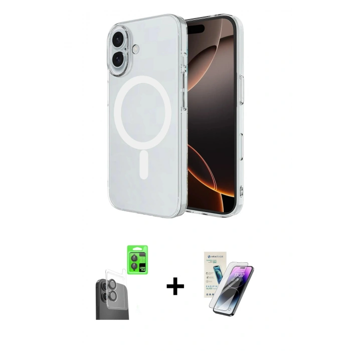 MARSİLYAN™- iPhone 16 Kılıf Ahenk Yansıma Prime - Şeffaf Pasifik Cam Ekran Koruyucu + Raze Metal Kamera Lens - SH