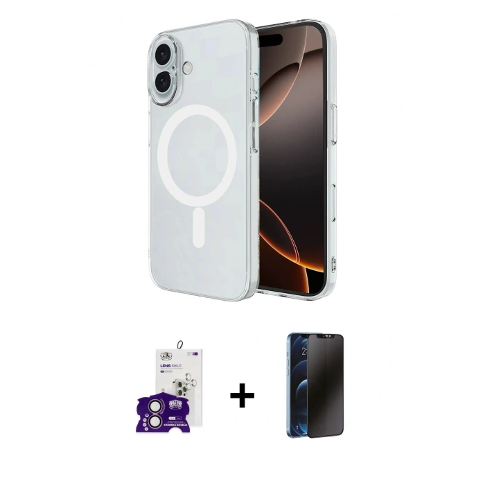 MARSİLYAN™- iPhone 16 Kılıf Ahenk Yansıma Prime - Siyah 3D Antistatik Hayalet Cam Ekran Koruyucu + Bilvis Titan Kamera Lens - PE
