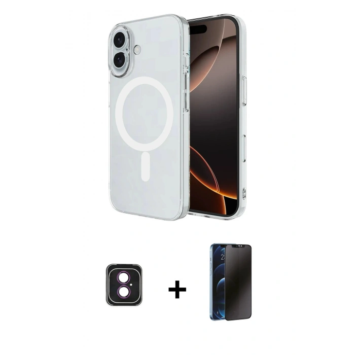 MARSİLYAN™- iPhone 16 Kılıf Ahenk Yansıma Prime - Siyah 3D Antistatik Hayalet Cam Ekran Koruyucu + PVD Metal Kamera Lens - PE