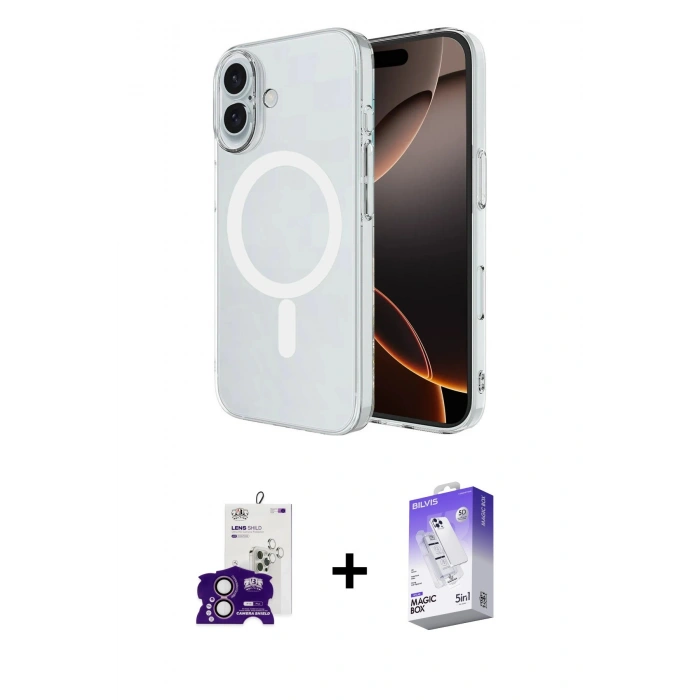 MARSİLYAN™- iPhone 16 Kılıf Ahenk Yansıma Prime - Siyah Bilvis 5in1 3D Magic Cam Ekran Koruyucu + Bilvis Titan Kamera Lens - PE