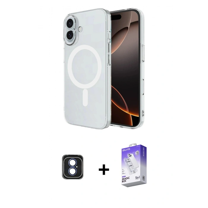 MARSİLYAN™- iPhone 16 Kılıf Ahenk Yansıma Prime - Siyah Bilvis 5in1 3D Magic Cam Ekran Koruyucu + PVD Metal Kamera Lens - MI