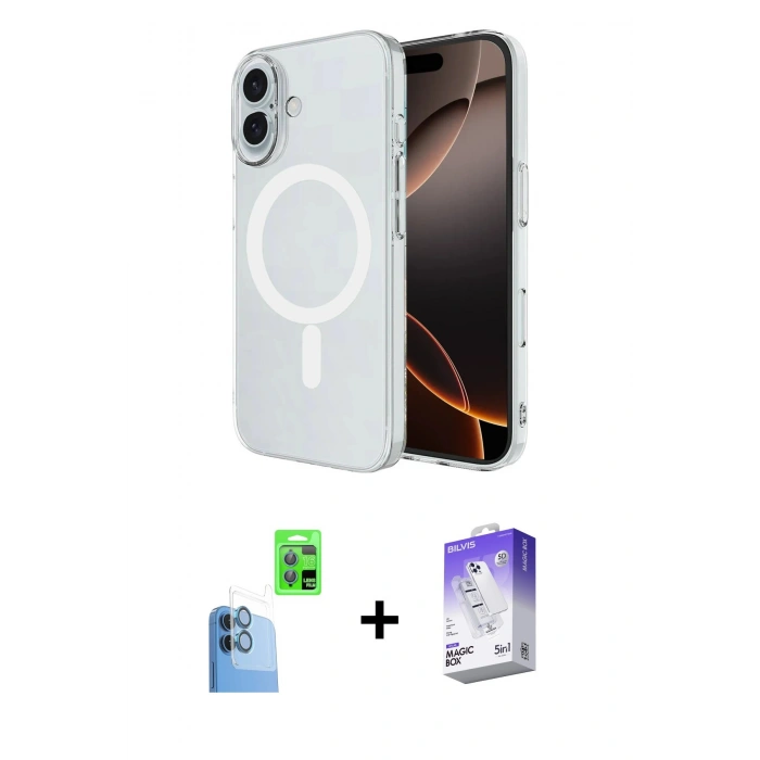 MARSİLYAN™- iPhone 16 Kılıf Ahenk Yansıma Prime - Siyah Bilvis 5in1 3D Magic Cam Ekran Koruyucu + Raze Metal Kamera Lens - LT