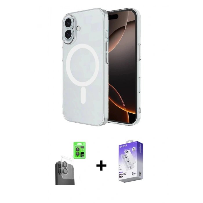 MARSİLYAN™- iPhone 16 Kılıf Ahenk Yansıma Prime - Siyah Bilvis 5in1 3D Magic Cam Ekran Koruyucu + Raze Metal Kamera Lens - SH