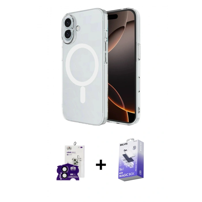 MARSİLYAN™- iPhone 16 Kılıf Ahenk Yansıma Prime - Siyah Bilvis 5in1 5D Magic Hayalet Cam Ekran Koruyucu + Bilvis Titan Kamera Lens - SH