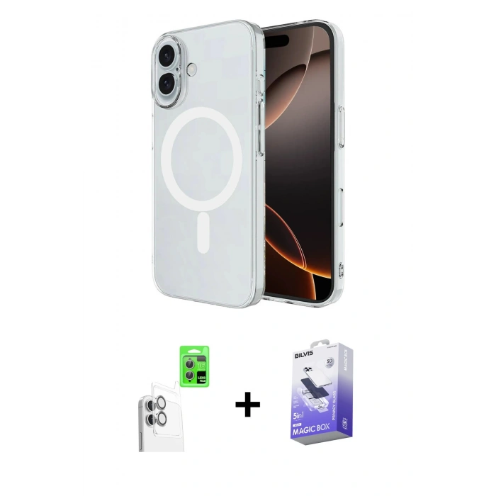 MARSİLYAN™- iPhone 16 Kılıf Ahenk Yansıma Prime - Siyah Bilvis 5in1 5D Magic Hayalet Cam Ekran Koruyucu + Raze Metal Kamera Lens - BZ