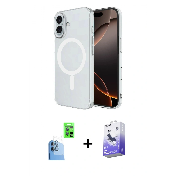 MARSİLYAN™- iPhone 16 Kılıf Ahenk Yansıma Prime - Siyah Bilvis 5in1 5D Magic Hayalet Cam Ekran Koruyucu + Raze Metal Kamera Lens - LT