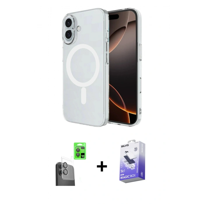 MARSİLYAN™- iPhone 16 Kılıf Ahenk Yansıma Prime - Siyah Bilvis 5in1 5D Magic Hayalet Cam Ekran Koruyucu + Raze Metal Kamera Lens - SH