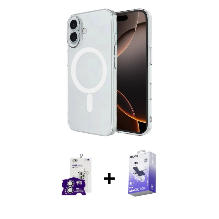 MARSİLYAN™- iPhone 16 Kılıf Ahenk Yansıma Prime - Siyah Bilvis 5in1 5D Magic Hayalet Cam Ekran Koruyucu + Bilvis Titan Kamera Lens - GS