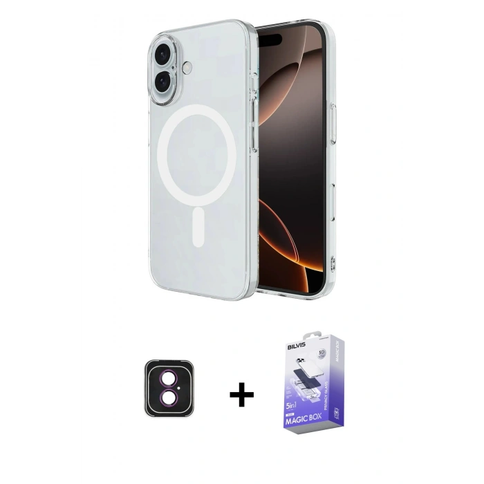 MARSİLYAN™- iPhone 16 Kılıf Ahenk Yansıma Prime - Siyah Bilvis 5in1 5D Magic Hayalet Cam Ekran Koruyucu + PVD Metal Kamera Lens - PE