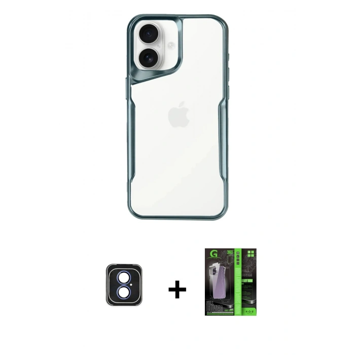 MARSİLYAN™- iPhone 16 Kılıf Akış Çizgi Koleksiyonu - Şeffaf 360 Full Body Arka Koruyucu + PVD Metal Kamera Lens - MI