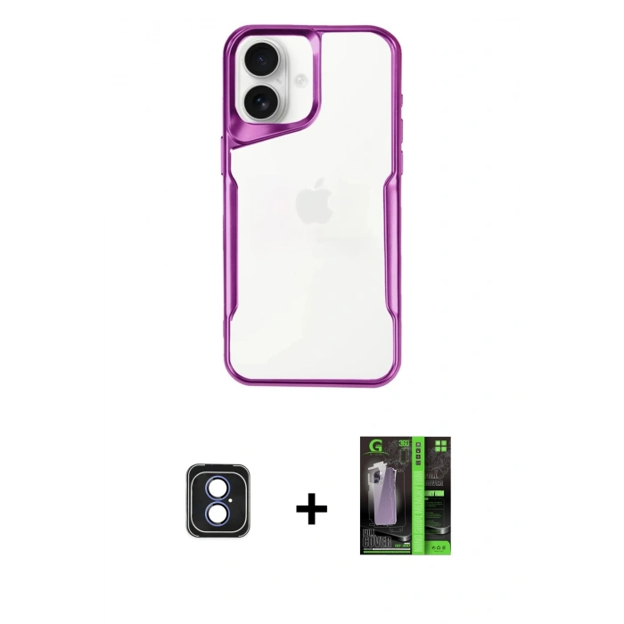 MARSİLYAN™- iPhone 16 Kılıf Akış Çizgi Koleksiyonu - Şeffaf 360 Full Body Arka Koruyucu + PVD Metal Kamera Lens - MI