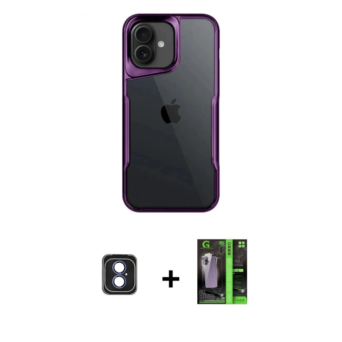 MARSİLYAN™- iPhone 16 Kılıf Akış Çizgi Koleksiyonu - Şeffaf 360 Full Body Arka Koruyucu + PVD Metal Kamera Lens - MI