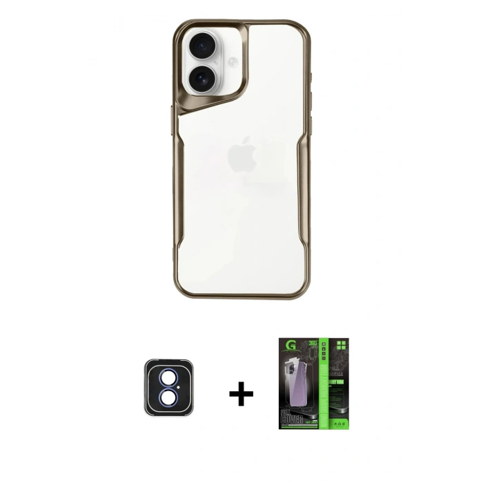 MARSİLYAN™- iPhone 16 Kılıf Akış Çizgi Koleksiyonu - Şeffaf 360 Full Body Arka Koruyucu + PVD Metal Kamera Lens - MI