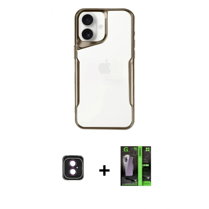 MARSİLYAN™- iPhone 16 Kılıf Akış Çizgi Koleksiyonu - Şeffaf 360 Full Body Arka Koruyucu + PVD Metal Kamera Lens - PE