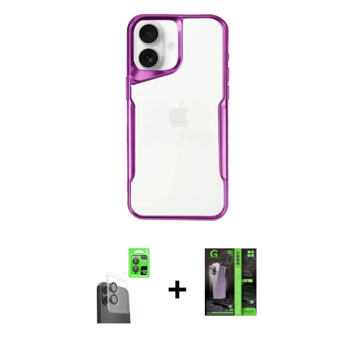 MARSİLYAN™- iPhone 16 Kılıf Akış Çizgi Koleksiyonu - Şeffaf 360 Full Body Arka Koruyucu + Raze Metal Kamera Lens - SH
