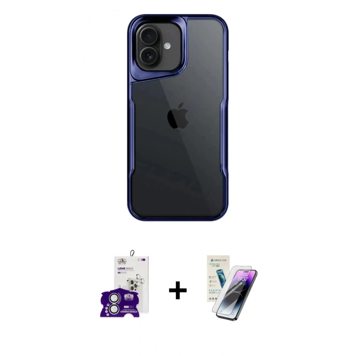 MARSİLYAN™- iPhone 16 Kılıf Akış Çizgi Koleksiyonu - Şeffaf Pasifik Cam Ekran Koruyucu + Bilvis Titan Kamera Lens - GS