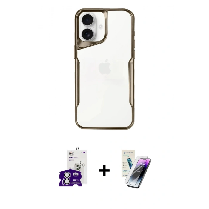 MARSİLYAN™- iPhone 16 Kılıf Akış Çizgi Koleksiyonu - Şeffaf Pasifik Cam Ekran Koruyucu + Bilvis Titan Kamera Lens - GS