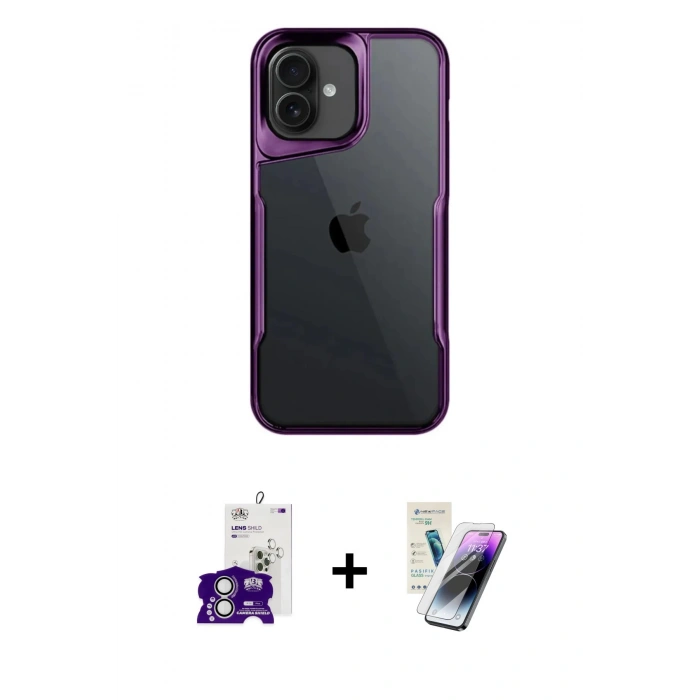 MARSİLYAN™- iPhone 16 Kılıf Akış Çizgi Koleksiyonu - Şeffaf Pasifik Cam Ekran Koruyucu + Bilvis Titan Kamera Lens - GS