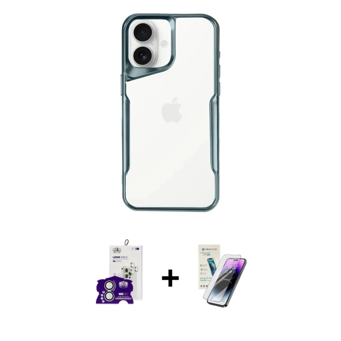 MARSİLYAN™- iPhone 16 Kılıf Akış Çizgi Koleksiyonu - Şeffaf Pasifik Cam Ekran Koruyucu + Bilvis Titan Kamera Lens - GS