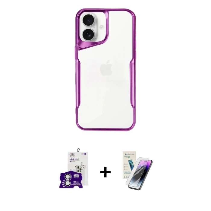 MARSİLYAN™- iPhone 16 Kılıf Akış Çizgi Koleksiyonu - Şeffaf Pasifik Cam Ekran Koruyucu + Bilvis Titan Kamera Lens - GS