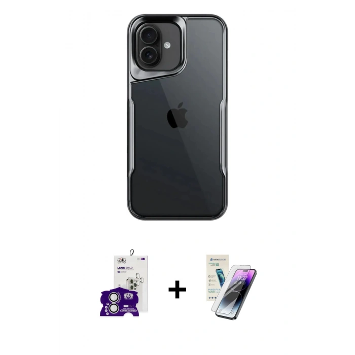 MARSİLYAN™- iPhone 16 Kılıf Akış Çizgi Koleksiyonu - Şeffaf Pasifik Cam Ekran Koruyucu + Bilvis Titan Kamera Lens - GS