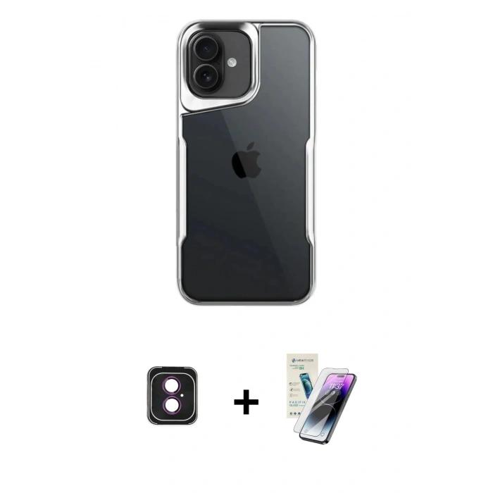 MARSİLYAN™- iPhone 16 Kılıf Akış Çizgi Koleksiyonu - Şeffaf Pasifik Cam Ekran Koruyucu + PVD Metal Kamera Lens - PE