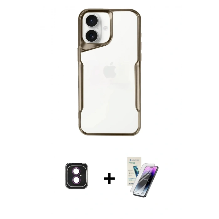 MARSİLYAN™- iPhone 16 Kılıf Akış Çizgi Koleksiyonu - Şeffaf Pasifik Cam Ekran Koruyucu + PVD Metal Kamera Lens - PE