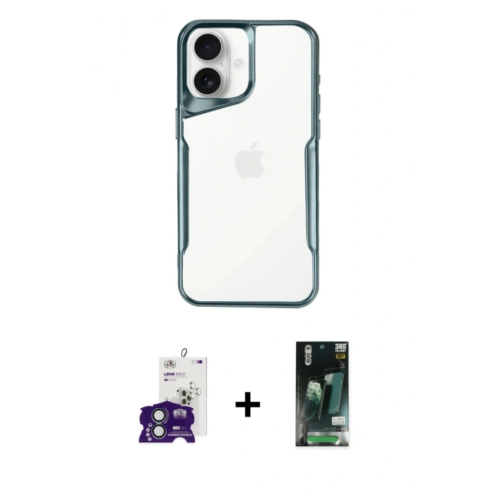 MARSİLYAN™- iPhone 16 Kılıf Akış Çizgi Koleksiyonu - Siyah 360 Mat Full Body Arka Koruyucu + Bilvis Titan Kamera Lens - YL