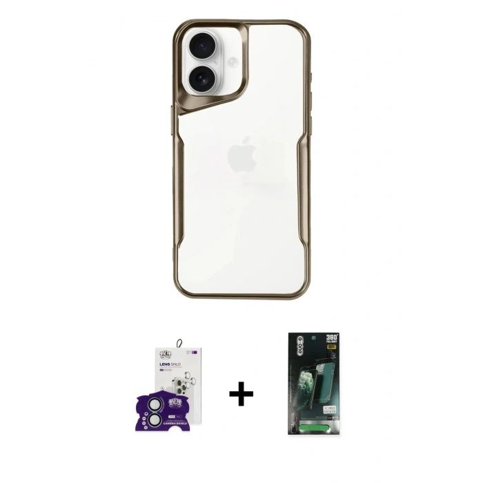 MARSİLYAN™- iPhone 16 Kılıf Akış Çizgi Koleksiyonu - Siyah 360 Mat Full Body Arka Koruyucu + Bilvis Titan Kamera Lens - YL