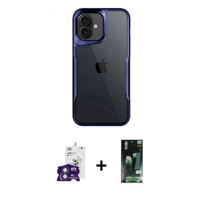 MARSİLYAN™- iPhone 16 Kılıf Akış Çizgi Koleksiyonu - Siyah 360 Mat Full Body Arka Koruyucu + Bilvis Titan Kamera Lens - YL