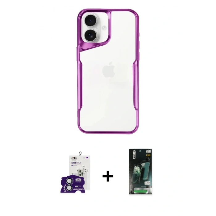 MARSİLYAN™- iPhone 16 Kılıf Akış Çizgi Koleksiyonu - Siyah 360 Mat Full Body Arka Koruyucu + Bilvis Titan Kamera Lens - YL
