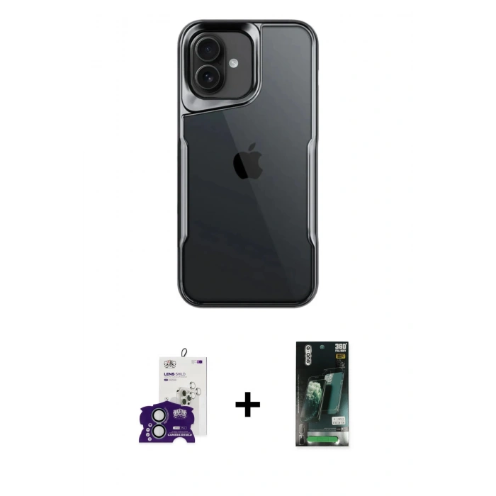 MARSİLYAN™- iPhone 16 Kılıf Akış Çizgi Koleksiyonu - Siyah 360 Mat Full Body Arka Koruyucu + Bilvis Titan Kamera Lens - YL