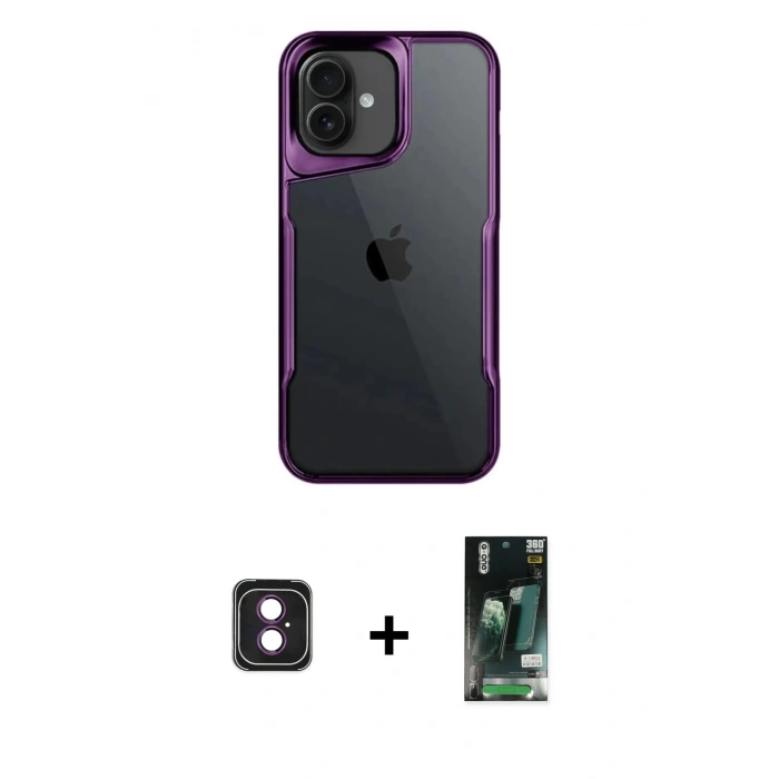 MARSİLYAN™- iPhone 16 Kılıf Akış Çizgi Koleksiyonu - Siyah 360 Mat Full Body Arka Koruyucu + PVD Metal Kamera Lens - PE